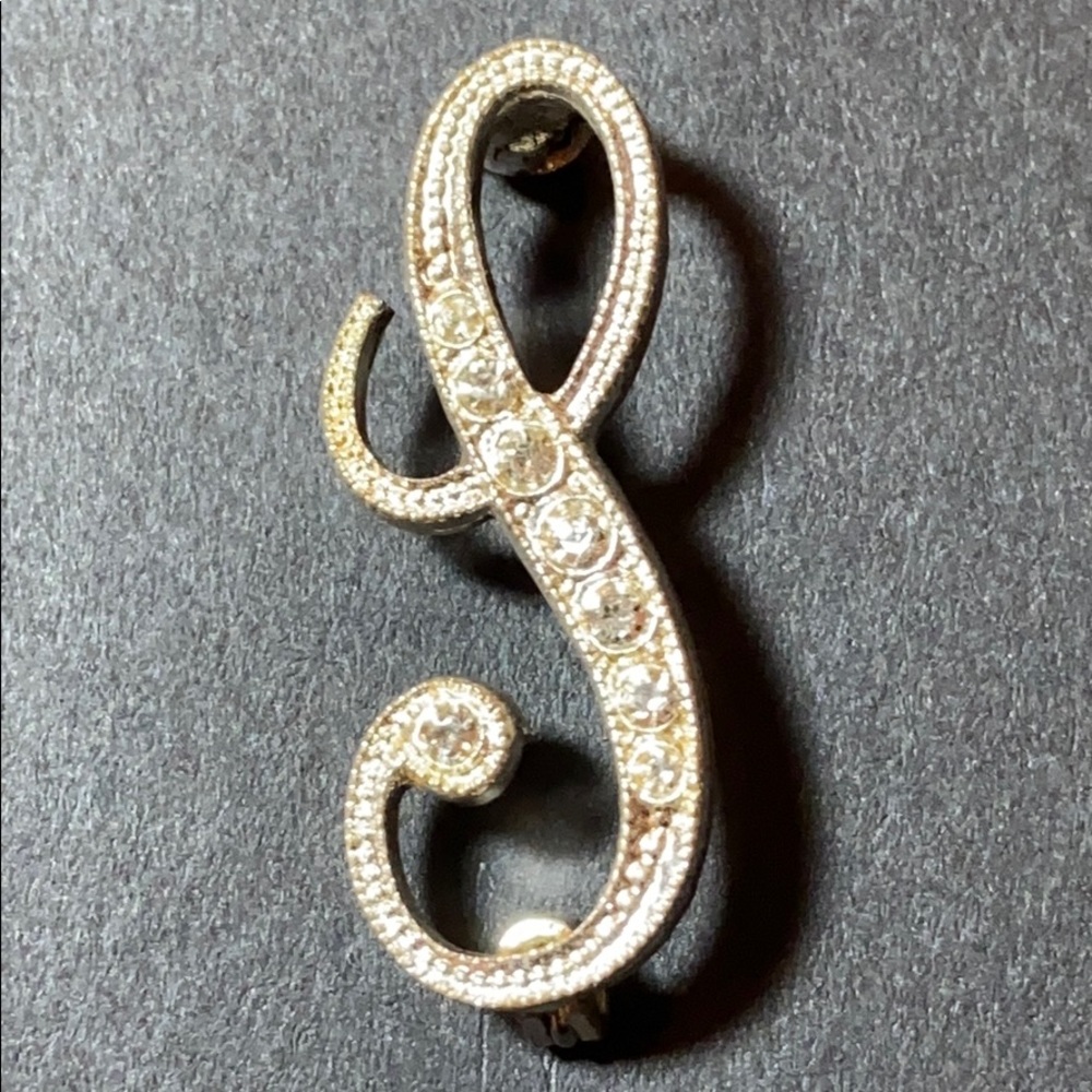 Vintage Silver Cursive “S” Monogram Rhinestone Pin - image 1